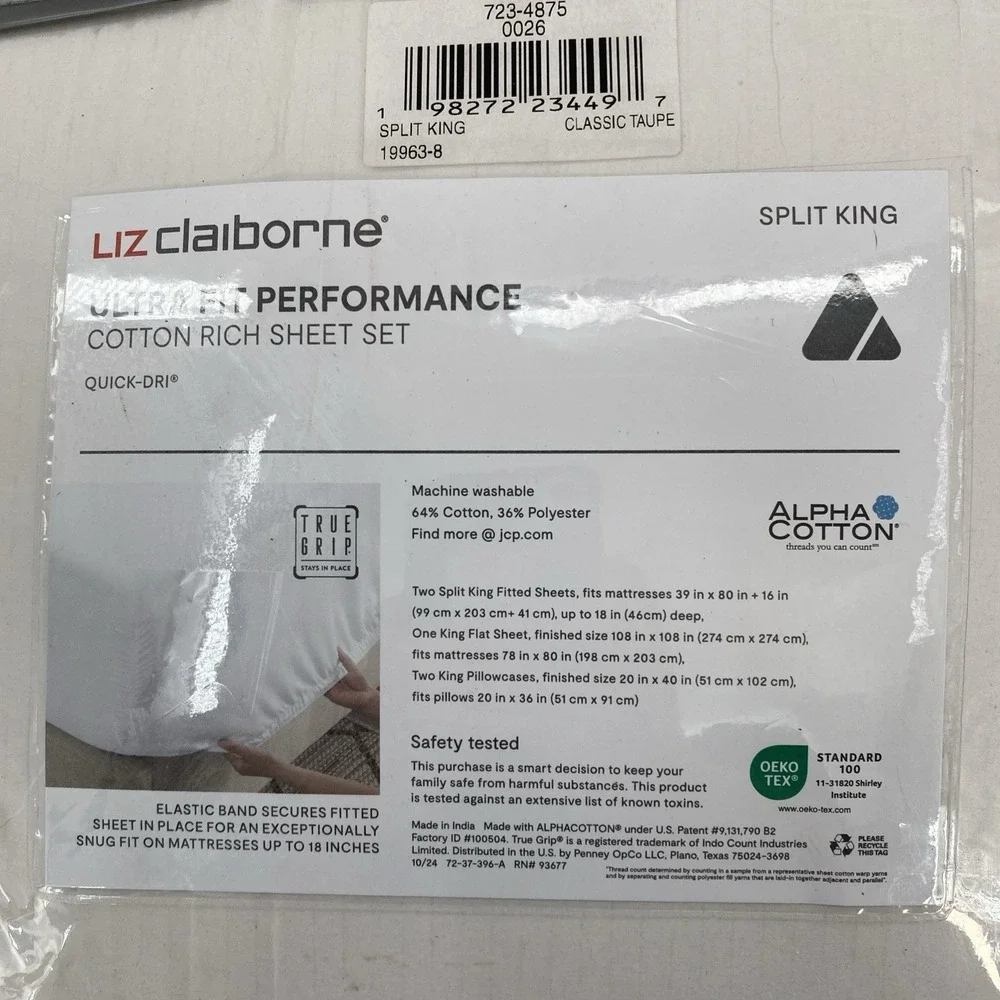 Liz Claiborne Sheet Set SPLIT KING Classic Taupe 575 Thread Count Cotton Blend
